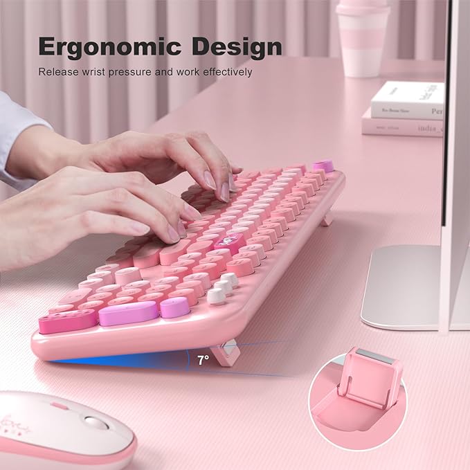 KNOWSQT Wireless Keyboard and Mouse Combo - Lovely Pink Rainbow Full-Sized Typewriter Colorful Keyboards, Round Keycap USB Plug Play Retro Cute Keyboards for Windows, Laptop, PC, Desktop, Computer