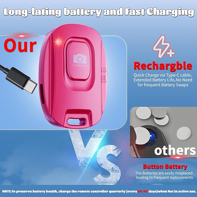 MAIRAN Rechargeable Wireless Camera Remote Shutter for iPhone and Android Smartphones, 2 Pack Bluetooth Phone Remote Control,Selfie Button for Photos and Videos Charging Cable Included- Pink&White