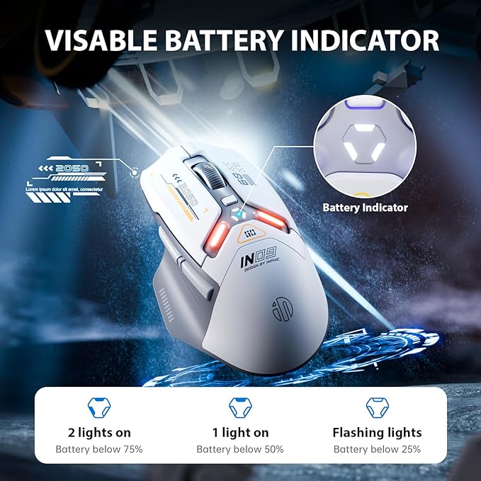 INPHIC IN9 Wireless Gaming Mouse, True Tri-Mode Bluetooth/Type-C Wired/2.4G Wireless Connection, 10000 DPl, Fully Programmable, RGB Backlit, for Laptop PC Mac