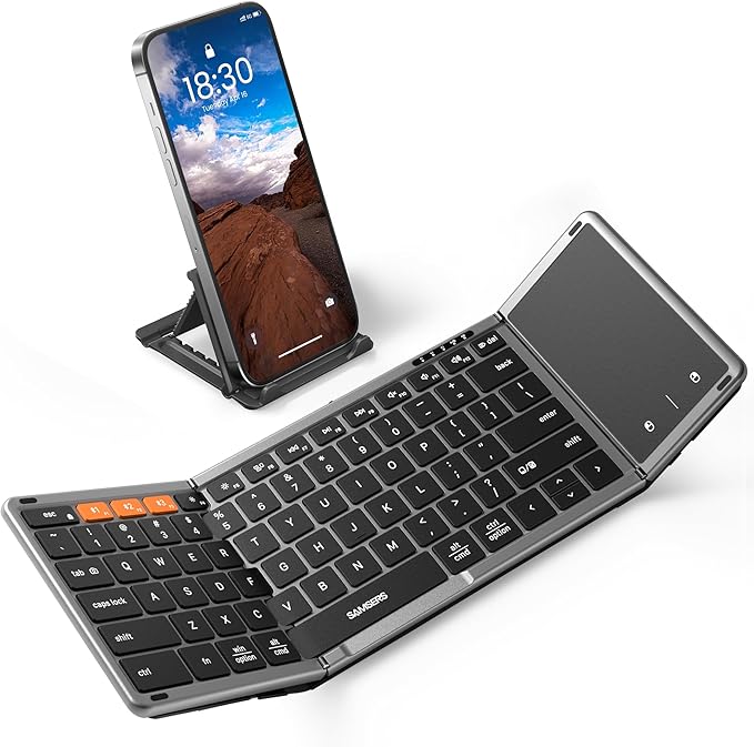 Samsers Foldable Bluetooth Keyboard with Touchpad, Full-Size Wireless Folding Key Board with PU Leather, Portable Travel for iOS Android Windows Mac OS, Support 3 Devices (BT5.1 x 3)