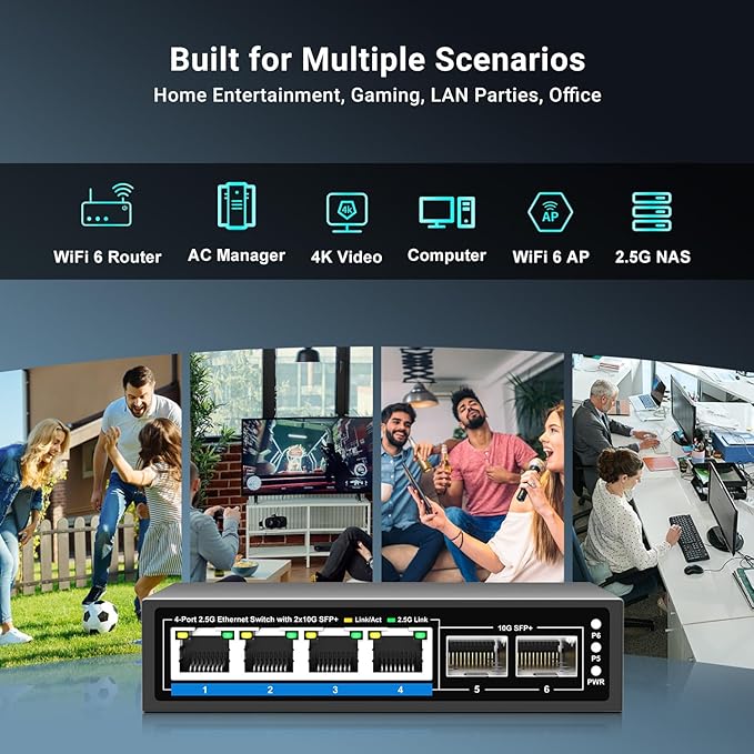 6 Ports 2.5Gb Unmanaged Ethernet Switch with 4* 2.5G Base-T Ports, 2* 10G SFP+ Ports. 2.5Gbps Network Switch for 2.5Gbps NAS/PC, WiFi6 Router, Wireless AP. Fanless Design, Plug and Play