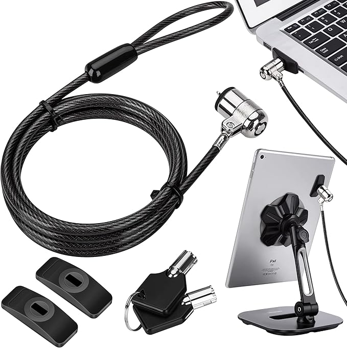 AboveTEK Laptop Lock, Tablet Lock Security Cable, 2 Keys Sturdy Steel iPad Locking Kit w/Adhesive Anchors, Anti Theft Hardware Protection for iPhone Mobile Notebook Computer Monitor MacBook Laptop