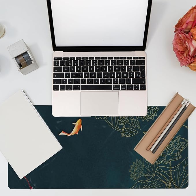 Large Gaming Mouse Pad, Koi Fish Ink Painting Desk Mat, Golden Line Lotus Desk Pad, Extended Big Computer Keyboard Mouse Pad with Non-Slip Base and Stitched Edge, 35.4"x15.7"