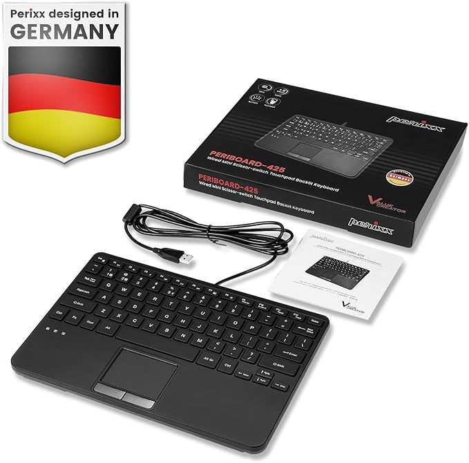 Perixx PERIBOARD-425 US Wired Mini USB Keyboard with Touchpad, X Type Scissor Keys, White Backlit, 2 USB Hubs, Compact 11.18x7.17x1.1 Inches, US English