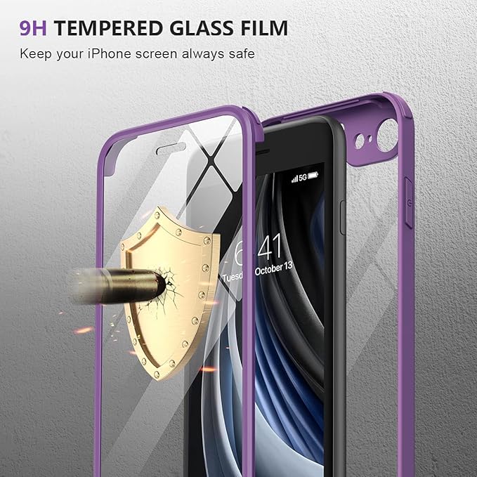 Miracase for iPhone SE Phone Case 3rd/2nd Generation 2022 2020 Full-Body with Built-in Glass Screen Protector, Heavy Duty 360° Protective Shockproof Bumper Cover for iPhone 8/SE, Purple