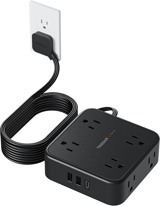 Power Strip Surge Protector 10 Ft Cord, TESSAN 8 AC Outlets 3 USB Charger (1 USB C Port), Thin Flat Extension Cord 10 Feet, Flat Plug, 900 Joules Protection, for Home, Office, Dorm Room Essentials