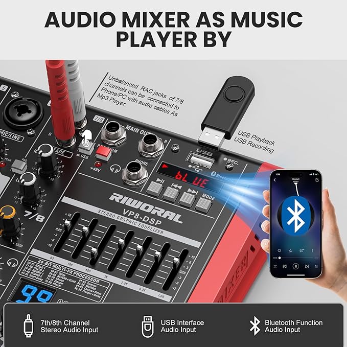 8 Channel Audio Interface Sound Board Mixing Console XLR 1/4 inch Jack USB Bluetooth Echo Delay Effect, Input 48V Phantom Power Stereo DJ Mixers for Podcasting
