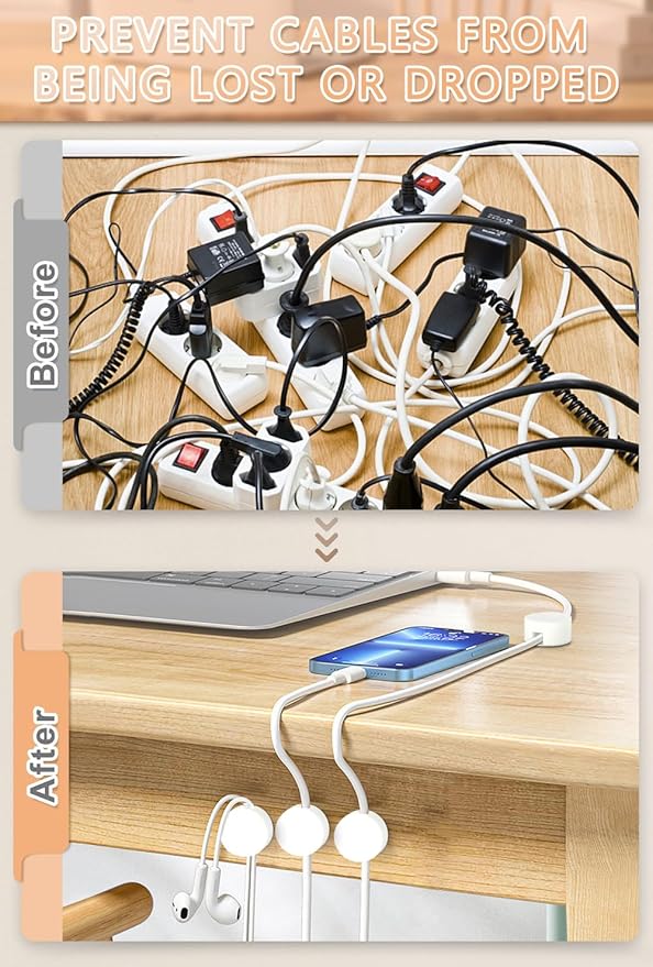 Maveek 5 Sets Magnetic Cable Management Clips with Discs, Adhesive Cable Holder Electrical Wire Clips Cord Organizer for Desktop Wall Kitchen USB LAN Type-c (White)