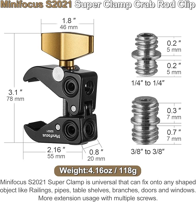 MINIFOCUS Super Clamp Mount, Tripod Clamp with 1/4" & 3/8" Threaded Holes, 3/8" Locating Pin for ARRI Standard, T-Shaped Wingnut and Silicone Pad, Versatile Crab Clip Strong Clamp for Camera/LED Light