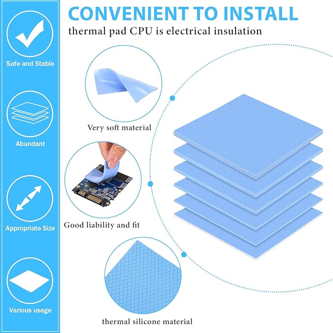 Frienda 6 Pcs Thermal Pad 100 x 100 mm, 0.5 mm, 1 mm, 1.5 mm, 2 mm, 2.5 mm, 3 mm Heat Resistant Conductive Silicone Thermal Pads Conductivity 6.0 W/M for Laptop Heatsink CPU GPU LED Cooler(Blue)