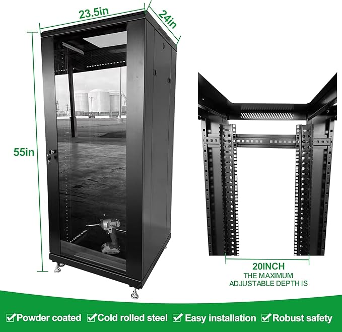 27U Server Cabinet Rack Enclosure,with Caster Wheels 2 Server Temperature Fans Locking Glass Door Removable Side Panels 27U Network Cabinet 22" Installation Depth,Standard 19" Equipment