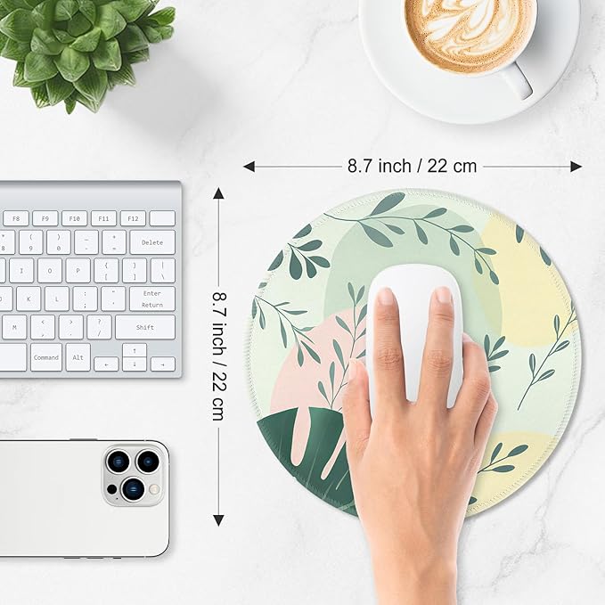 ITNRSIIET Mouse Pad Non-Slip Rubber Base Smooth Surface Stitched Edges Waterproof Durable Compatible with All Mice for Office & Gaming, Desk Accessory, Diameter 8.7 inch, PastelFoliage