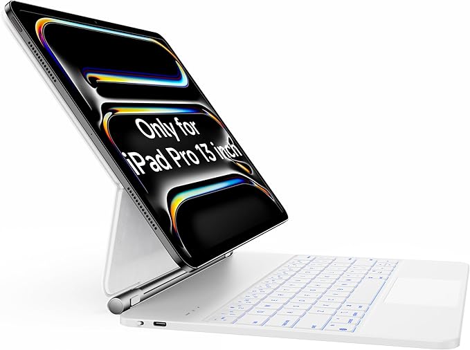 HOU Keyboard Case for iPad Pro 13 inch Case 2024 with Keyboard (M4), iPad Pro 13 inch Keyboard with Multi-Touch Trackpad, 7 Colors Backlight, Easy-Set Magnetic Stand Bluetooth Keyboard-White