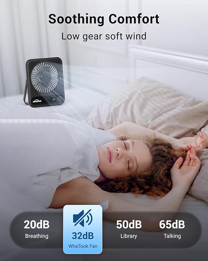 WHATOOK Small Desk Fan Personal Fans: 2000mah 10 Hours Battery Office Quiet Mini Desktop Fan Portable Rechargeable Travel Essentials