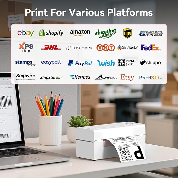 Bluetooth Thermal Shipping Label Printer, Wireless 4x6 Shipping Label Printer for Packages, High-Speed Thermal Printer Compatible with Android, iOS & Windows for Amazon, Ebay, Shopify, USPS