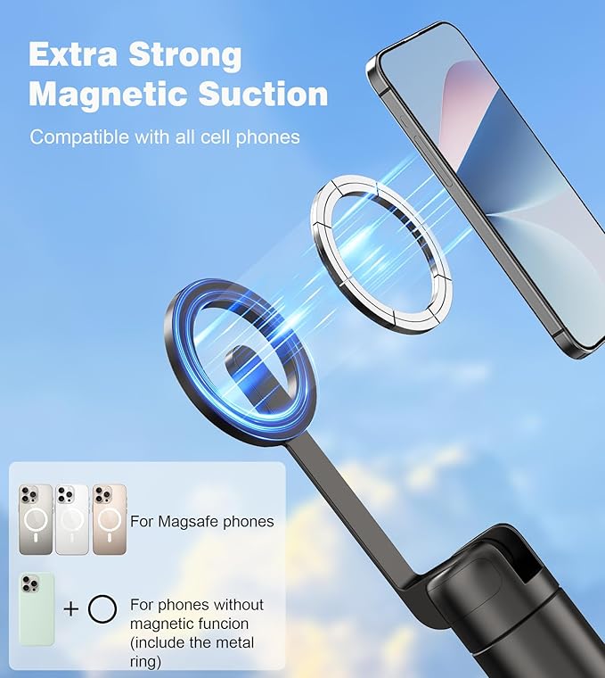 68" Magnetic Selfie Stick Tripod with Rechargeable Detachable Remote for Magsafe, Portable Small Extendable Phone Stand Tripods with Metal Ring, 360° Rotation for Vlog/Live Stream/Travel/Black