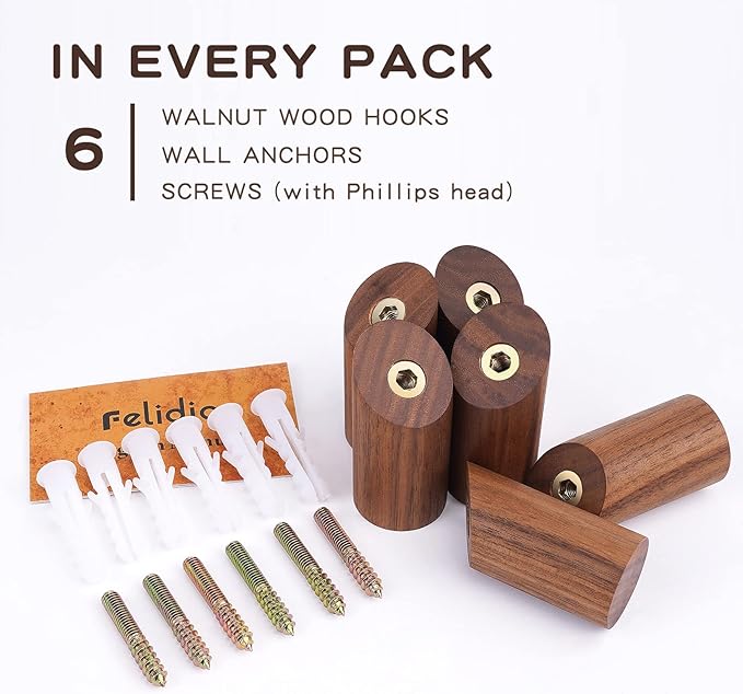 6 Pack Wood Hooks, Natural Coat Hooks Wall Mounted - Rustic Heavy Duty Wall Hooks for Hanging Towels - Entrance Hat Rack Coat Hanger (Walnut Wood)