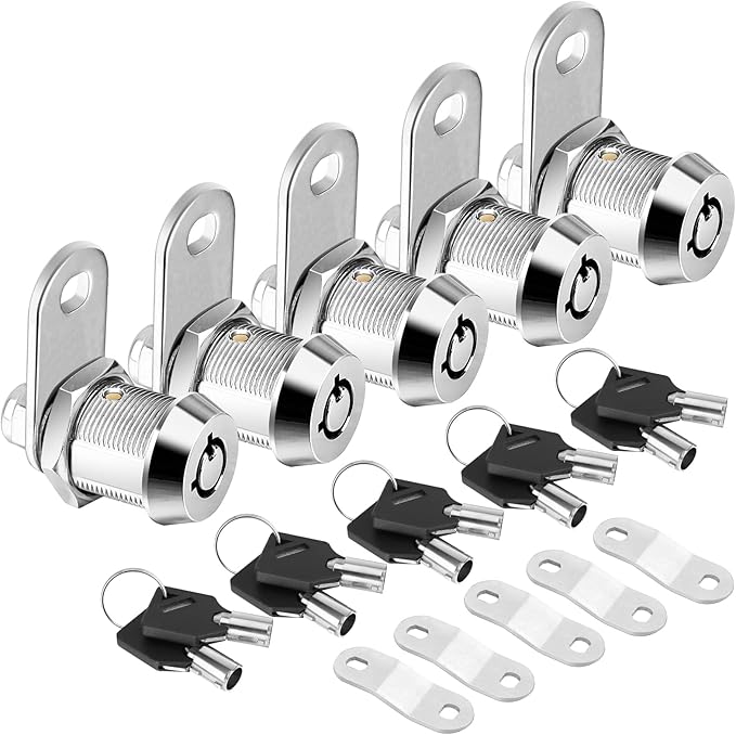 PTEROMY 5 Pack Cabinet Lock with Keys, 5/8'' Heavy Duty Tubular Cam Lock for RV Compartment Storage Locks, Full Set of RV Cam Locks (Chrome, 5/8'', 5 Pack)