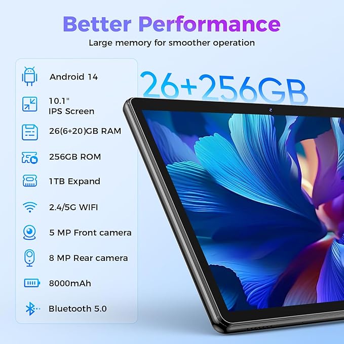 Android Tablet with Keyboard, 26GB RAM, 256GB ROM(1TB Expand), 10.1 inch Android 14 Tablet, 8000mAh Battery, BT 5.0, GMS Certified, 2.4G&5G WiFi, 2 in 1 Tablets with Mouse, Case, Stylus(Black)