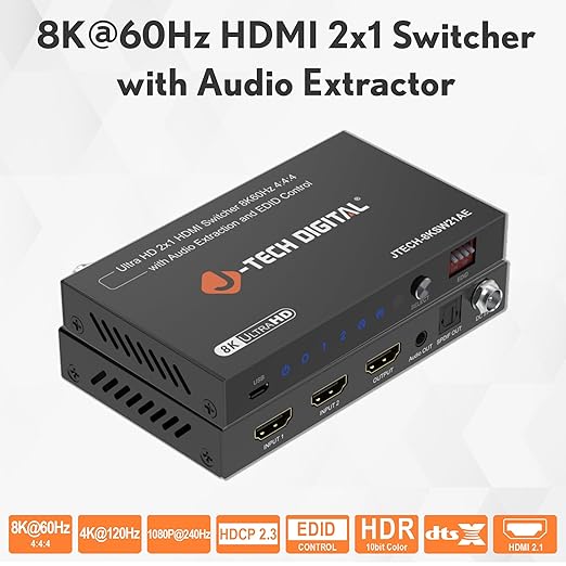 8K HDMI Switch 2 in 1 Out, 8K@60Hz 4K@120Hz 1080P@240Hz with Audio Extraction, HDMI to Optical & Analog 3.5mm, HDR HDCP2.3 EDID Control (JTECH-8KSW21AE)