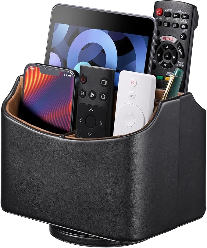 Remote Control Holder, Spinning Desk Organizer, Nightstand Bedside Caddy for TV Remotes/Tablets/Phones/Eyeglasses/Books/Pens - Black