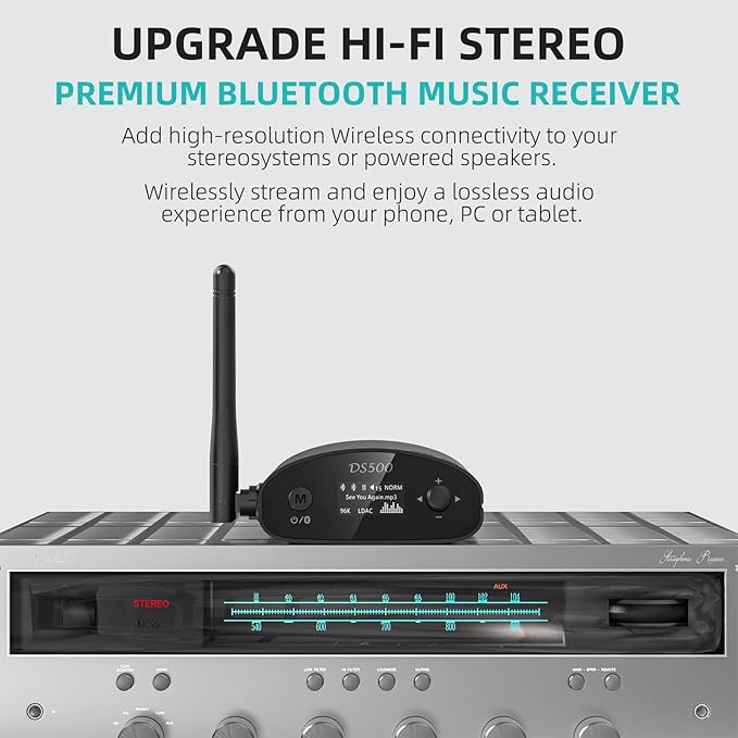 1Mii DS500 LDAC Bluetooth Hifi Receiver, Long Range Bluetooth 5.1 Audio Adapter w/Audiophile DAC, aptX HD & Low Latency, OLED Display & Optical Coaxial RCA Output for Home Stereo/AV Receiver/Amplifier