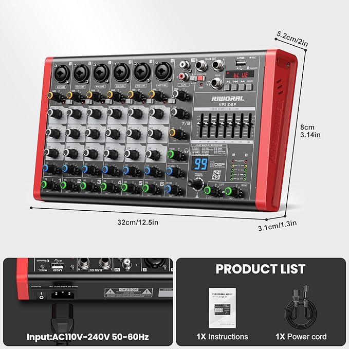 8 Channel Audio Interface Sound Board Mixing Console XLR 1/4 inch Jack USB Bluetooth Echo Delay Effect, Input 48V Phantom Power Stereo DJ Mixers for Podcasting