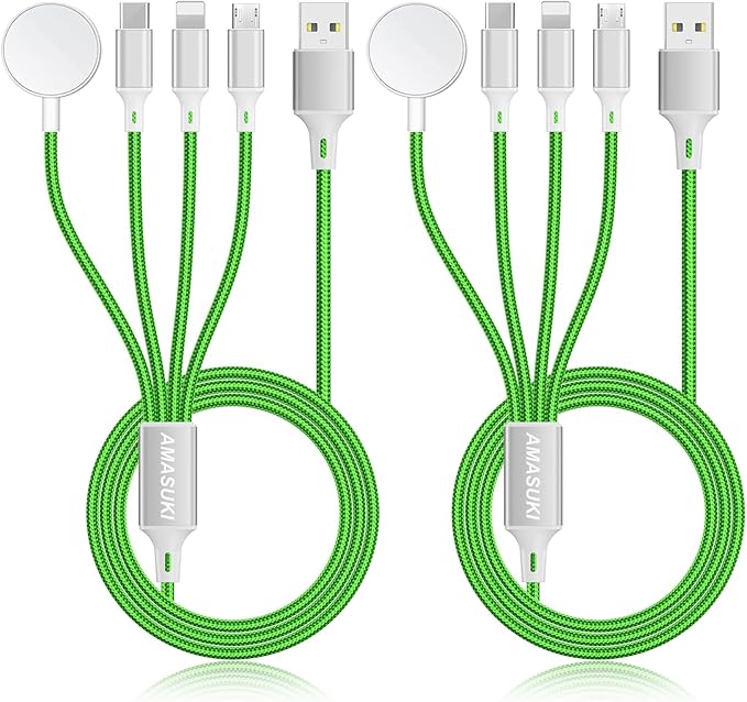2Pack Travel Essentials Multi Charging Cable for Watch Charger 4 in 1 Fast Charger Camping Essentials USB C/L/Micro Compatible with Watch Series 10-1/SE/Ultra Phone 16 15/Galaxy Android-4FT/Green