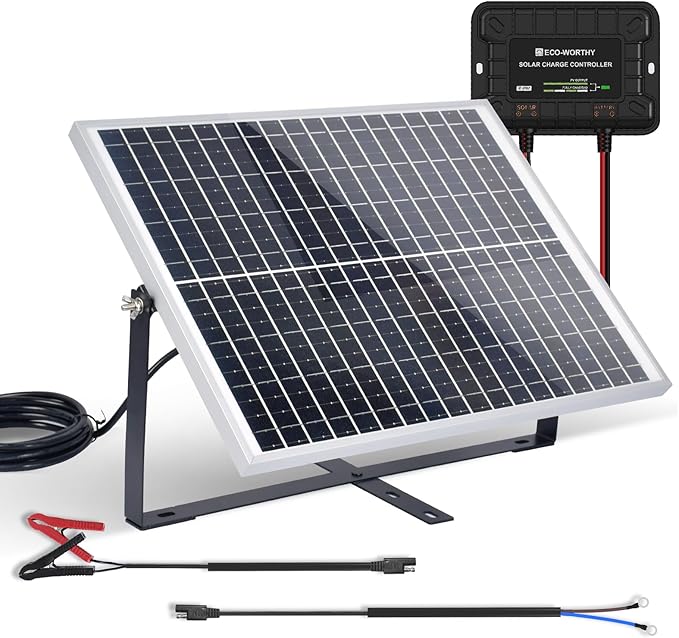 ECO-WORTHY 25W 12V Solar Battery Trickle Charger Maintainer, Waterproof Solar Panel + Adjustable Mount Bracket + Upgrade Charge Controller for 12V Batteries Cars RV Boat Motorcycle Marine
