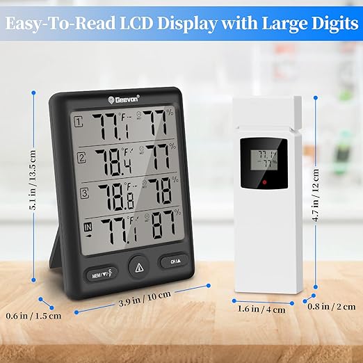 Geevon Indoor Outdoor Thermometer Wireless with 3 Remote Sensors, Digital Hygrometer Thermometer, Wireless Temperature Humidity Monitor Gauge with 200FT/60M Range (Black)
