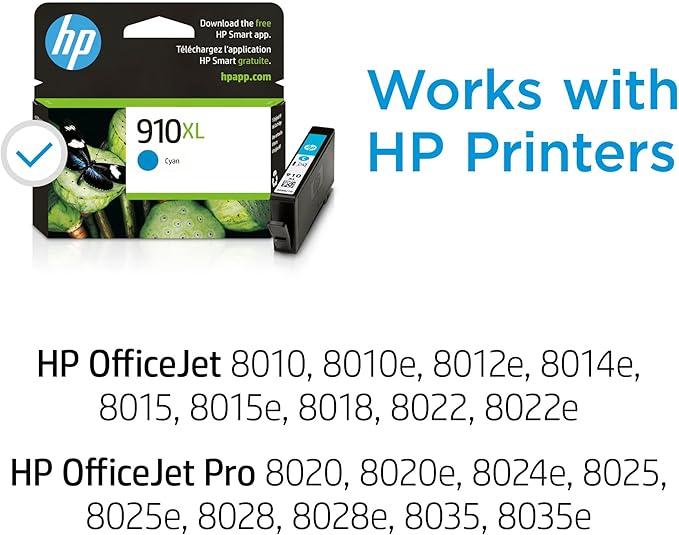 HP 910XL Cyan High-yield Ink Cartridge | Works with HP OfficeJet 8010, 8020 Series, HP OfficeJet Pro 8020, 8030 Series | Eligible for Instant Ink | 3YL62AN