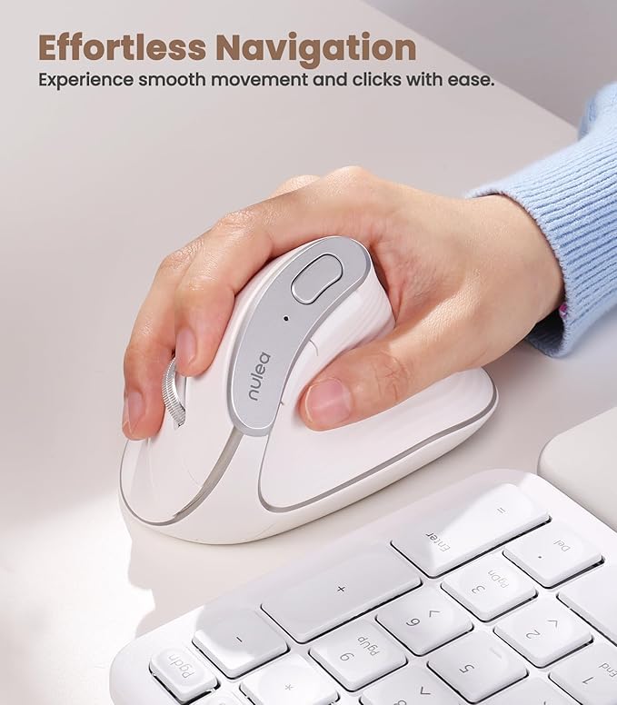 Nulea M510 Vertical Mouse Wireless, Ergonomic Mouse for Comfy Tracking, 3 Adjustable DPI (800-1200-1600), 2.4G Wireless Vertical Mouse with 6 Buttons, Compatible with Windows, Mac OS, Laptop, White