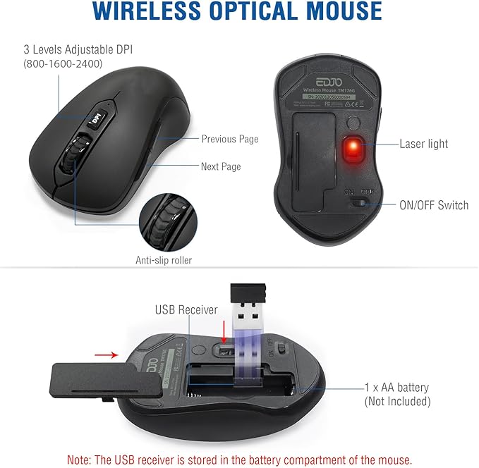 Wireless Keyboard and Mouse Combo, EDJO 2.4G Full-Sized Ergonomic Computer Keyboard with Wrist Rest and 3 Level DPI Adjustable Wireless Mouse for Windows, Mac OS Desktop/Laptop/PC