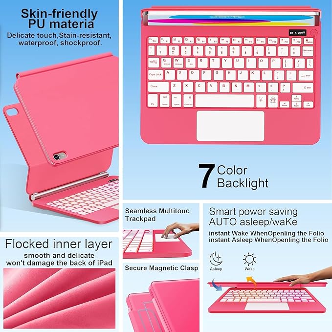 for iPad 11th (A16) & 10th Generation Case with Keyboard – Magic-Style Magnetic – Floating Cantilever Stand - Multi-Touch Trackpad Keyboard Case for iPad 11 inch 2025&10th Gen 10.9 inch (Rose Red)