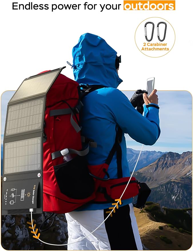 MARBERO 21W Portable Solar Panel Foldable Solar Panel Charger IP65 Waterproof Solar Panels 23% High Efficiency Fast Charger USB Ports & DC 18V Output for Camping Outdoor Travel Emergency Cloudy