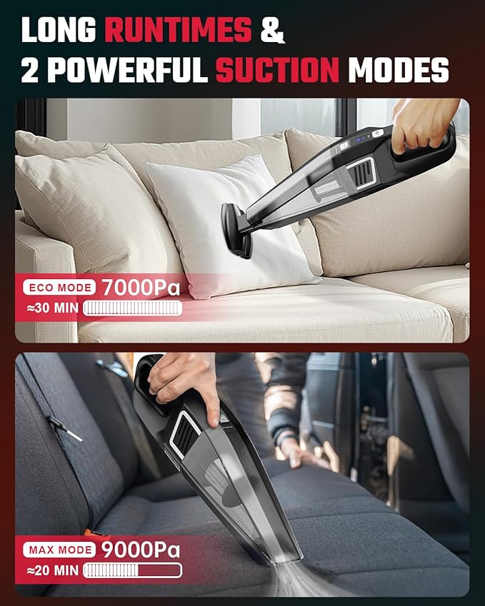 Handheld Vacuum Cordless, 9000PA Strong Suction, 2 Suction Modes, Fast Type-C Charging, Lightweight, Portable Car Vacuum Cleaner for Home Pet Office