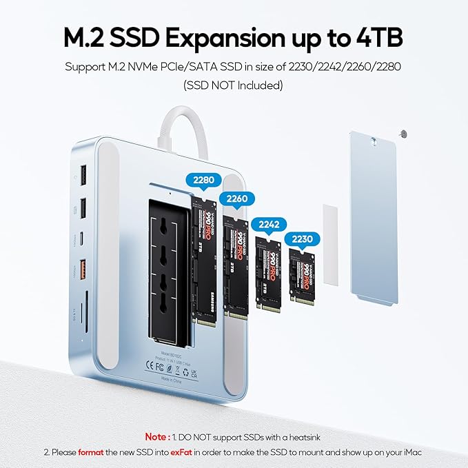 Upgraded 11 in 1 USB C Hub for iMac 24 inch USB Hub 2021 2023 2024 Support M.2 SSD (NOT Included), iMac Hub M1 M3 M4 Accessories, 4K HDMI, 2.5G Ethernet, 5 USB A/C Max 10Gbps, SD/TF - Blue