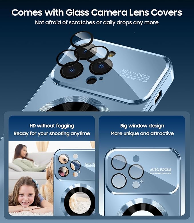Magnetic for iPhone 16 Pro Case, Compatible with MagSafe, Built-in Camera Lens Protector, Logo View, Military Grade Drop Proof Phone Cover, Sierra Blue