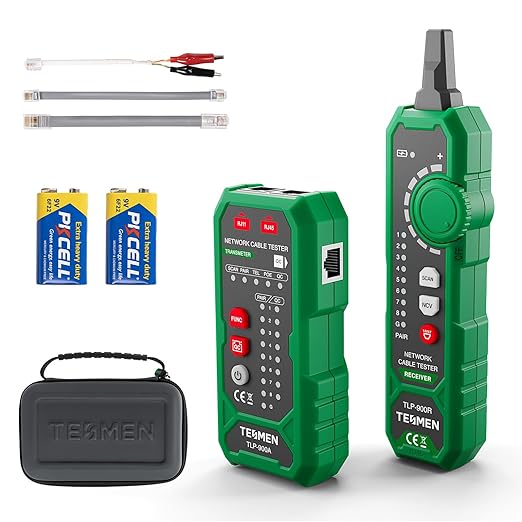 TESMEN TLP-900AR Network Cable Tester, RJ11 RJ45, for CAT5/6/POE/STP, Multi-function Cable Tracer with Pairing, Continuity, QC&NCV, Suitable for Ethernet, Telephone, Wire maintenance and sorting-Green