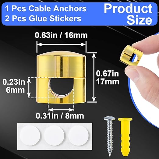 1 Sets Charger Holders for Cords, Gold Color Adjustable Cable Anchor Holders, Adhesive Metal Cord Clips, Cable Management Wire Organizers for Desk, Office, Nightstand