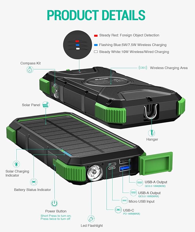 BLAVOR Solar Power Bank, PD18W QC3.0 Fast Charging 10W Wireless Charger 20000mAh Solar Powered Powerbank with Type C Input/Output, IPX5 Waterproof, Camping Flashlight, Compass, Carabiner