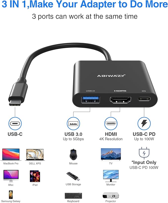 USB C to HDMI Adapter, 4K HDMI to USB-C Multiport Hub Adapter with 100W PD & USBA 3.0 Port, Type C Digital AV Converter for iPad Pro, MacBook Pro/Air, iPhone 15/16, Switch, TV, Monitor and More(Black)