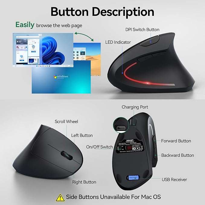 TECKNET Ergonomic Mouse, Rechargeable Vertical Ergo Mouse Wireless 800-4800 Levels 5 Adjustable DPI, Silent 2.4GHz Optical Carpal Tunnel Mouse for Right Hand, USB Wireless Mice for Laptop, PC