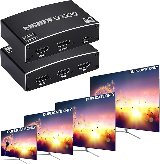HDMI Splitter 1 in 4 Out, 1x4 HDMI Splitter Audio Video Distributor Box Support 3D & 4K x 2K Compatible for HDTV, STB, DVD, PS3, Projector Etc