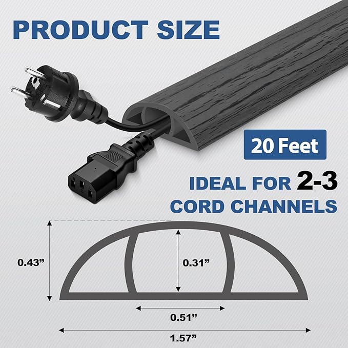 Floor Cord Cover for Wires on Floor Self Adhesive Cord Hider Floor Cable Management Wire Covers for Cords Protector Prevent Cable Trips Cord Cavity W 0.51" x H 0.31", Deep Gray Wood, 20Ft