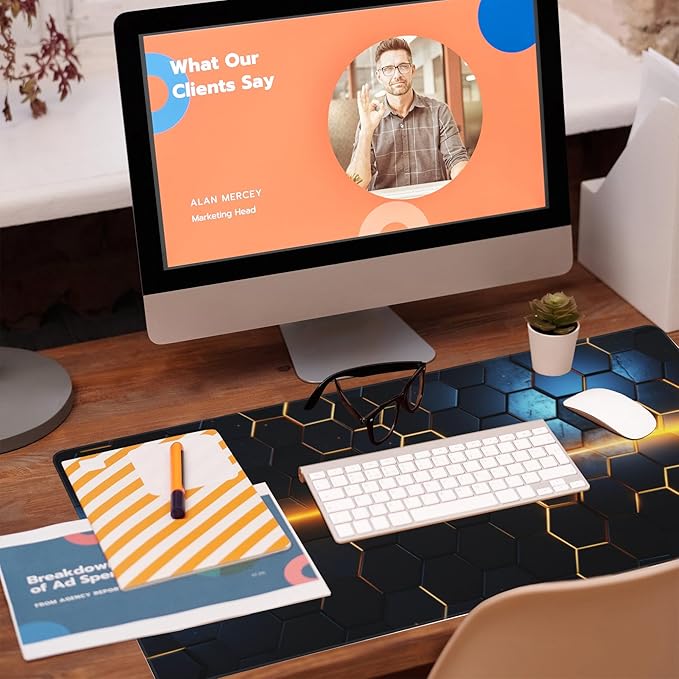 Large Gaming Mouse Pad,Golden Lines Honeycomb Technology Desk Mat,Honeycomb Technology Desk Pad,Extended Computer Keyboard Mouse Pad with Non-Slip Base and Stitched Edge,35.4"x15.7"