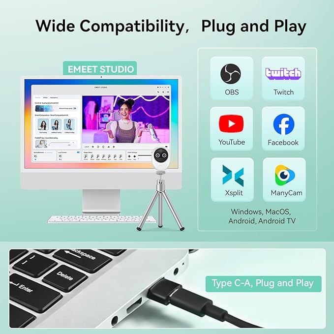 EMEET Piko+ Webcam 4K, World's 1st Dual-Camera AI-Powered 4K Webcam, 1/2.55'' Sony Sensor, 3 Mics&3 Sound Modes, Panda Magnetic Privacy Cover, USB C-C&C-A, Ideal for Livestreamers and Content Creators
