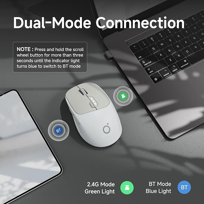 EWEADN Q5 Wireless Mouse, Bluetooth & 2.4G Quiet Computer Mouses with 1600 DPI, Battery Level Display, Ergonomic Office Mouse,6 Button Portable Cute Cordless Mice for Laptop/PC/Mac- Grey
