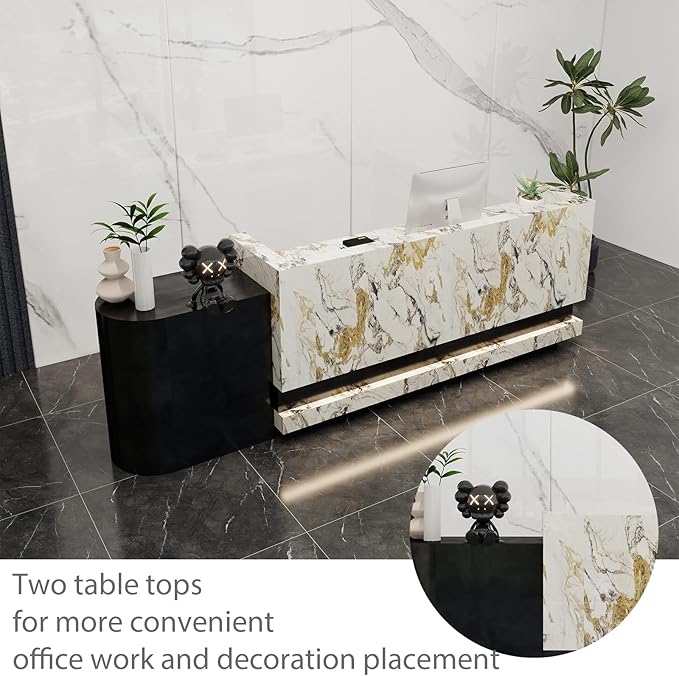 Front Desk Reception Counter - Lockable Storage & Keyboard Tray | Reception Desk with Counter, Customizable Large Counter Table (Black+White, 120'')