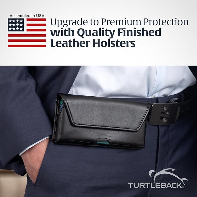 Turtleback Belt Holder for iPhone 16 Pro, 16e, 15 pro 14 Pro 13 Pro -Large- Fits w/Defender Bulky Style Cases, Premium Black Leather, Horizontal Case, Magnetic Closure Leather Wrapped Belt Clip